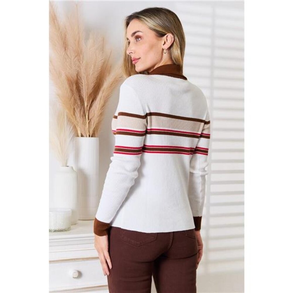 Basic Bae Striped Collared Neck Rib-Knit Top - Picture 3 of 7